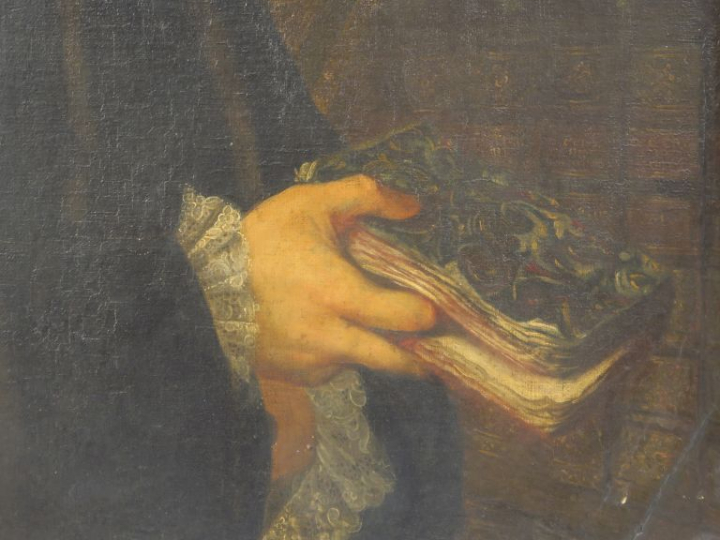 Ecole française XVIIIème. "Portrait d'homme aux livres". Huile sur toi