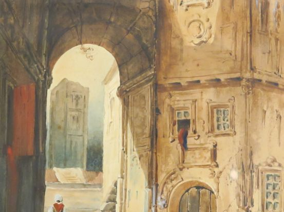 Ecole française XIXème  "Ruelle animée" Aquarelle.  24 x 17,5 cm