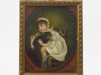 Vente aux enchères Ecole française fin XIXème. "Jeune fille au chien" Huile sur carton.  