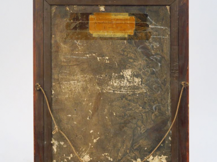 Ecole française fin XIXème. "Jeune fille au chien" Huile sur carton.  