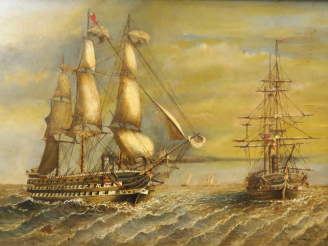 Vente aux enchères Ecole hollandaise fin XIXème - début XXème.  "Vaissaux de guerre" Huil