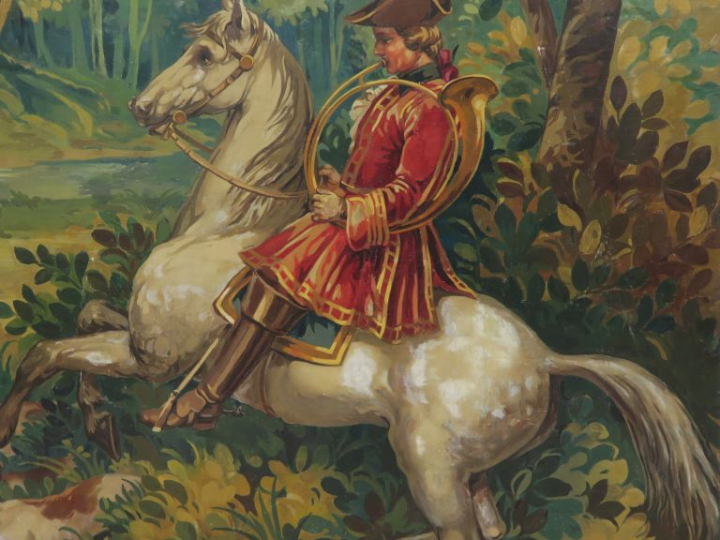 Ecole française "Scène de chasse à courre" Carton de tapisserie, peint