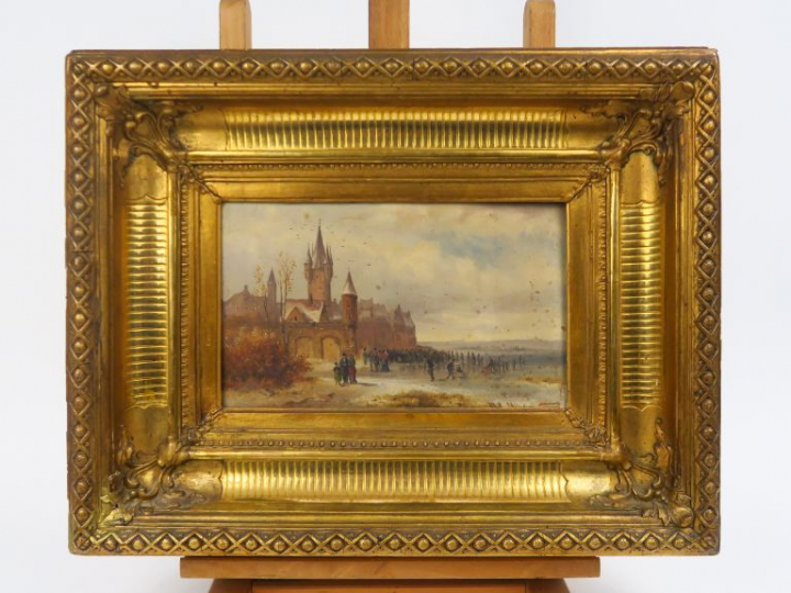 Anton DOLL. "Paysages d'hiver animés". Paire d'huiles sur panneau.  Si