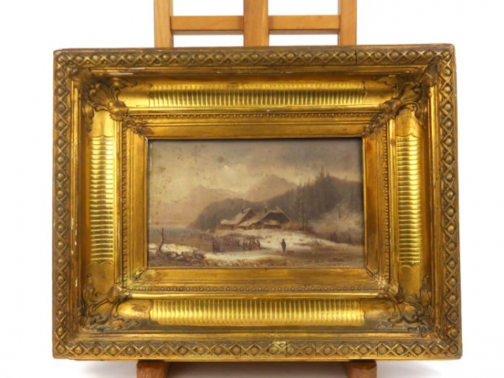 Anton DOLL. "Paysages d'hiver animés". Paire d'huiles sur panneau.  Si