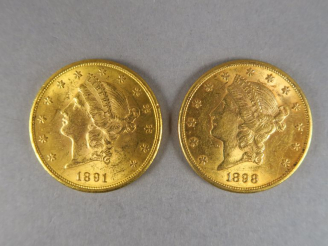Vente aux enchères Deux pièces de 20 Dollars or, 1891 et 1898.  FRAIS ACHETEURS : 5% TTC