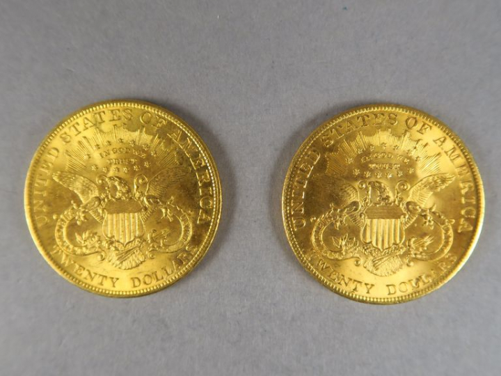 Deux pièces de 20 Dollars or, 1904.  FRAIS ACHETEURS : 5% TTC