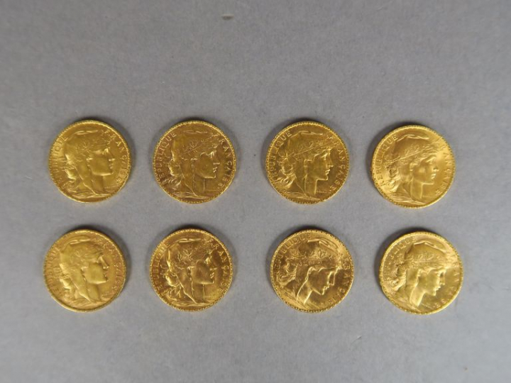 Huit pièces de 20 Francs or, 1902, 1906 (3), 1907 (2), 1908 (1), 1913 