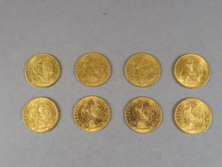 Huit pièces de 20 Francs or, 1902, 1906 (3), 1907 (2), 1908 (1), 1913 