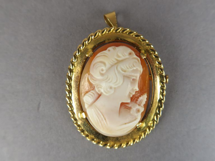 Camée coquille à décor d'un profil de jeune femme.  Monture en or jaun