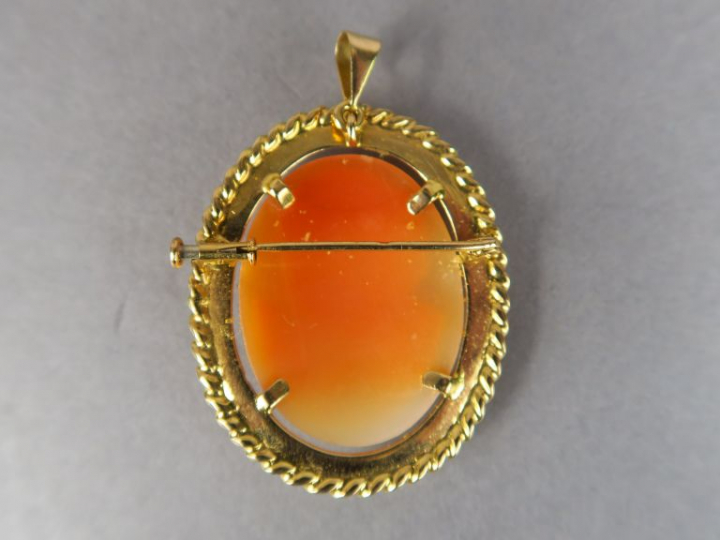Camée coquille à décor d'un profil de jeune femme.  Monture en or jaun