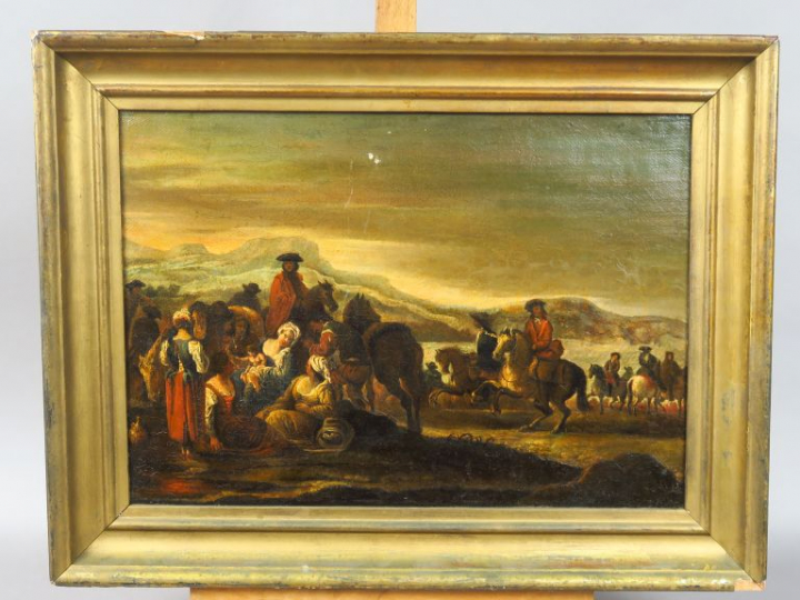 Ecole XVIIIème "La halte" Huile sur toile.  32,5 x 44,5 cm (restaurée,