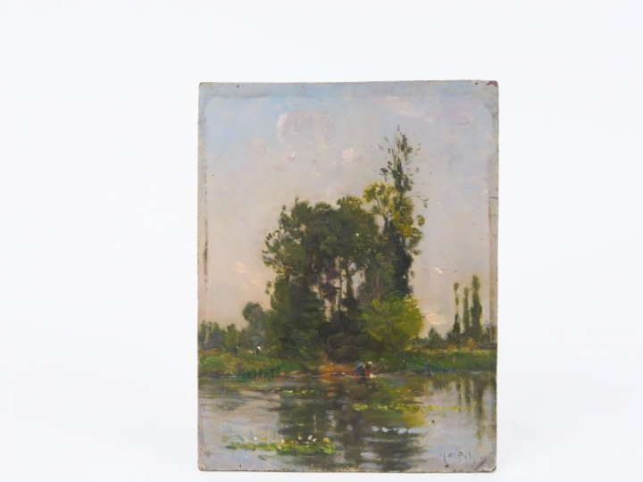 Hippolyte Camille DELPY "Paysage lacustre animé" Huile sur panneau. Si