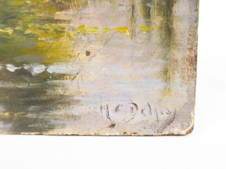 Hippolyte Camille DELPY "Paysage lacustre animé" Huile sur panneau. Si