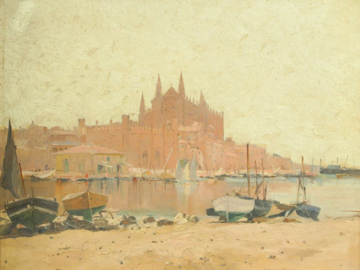 Eugène DESHAYES "Majorque" Huile sur toile.  Signée en bas à droite.  