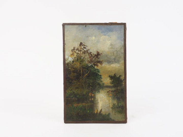 Jules DUPRE "Bord de rivière" Huile sur toile.  Signée en bas à gauche