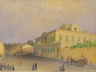 Vente aux enchères Ecole française XIXème "Vue de ville animée" Dessin aquarellé.  Dim. à