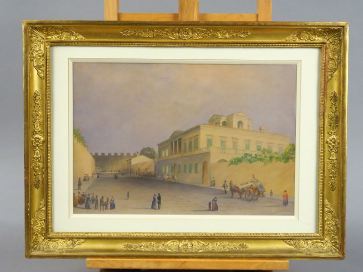 Ecole française XIXème "Vue de ville animée" Dessin aquarellé.  Dim. à