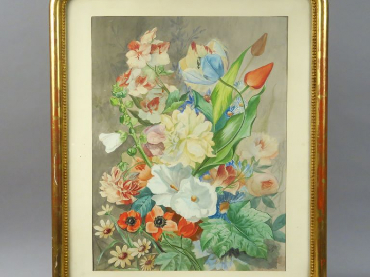 P. FAURE  "Bouquet de fleurs" Aquarelle.  Signée en bas à droite et da