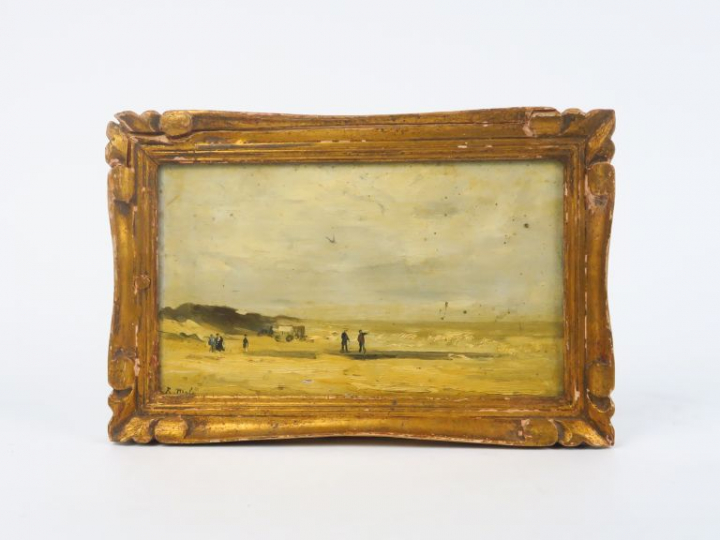 R. MOLS "Bord de mer animé" Huile sur panneau.  Signée en bas à gauche