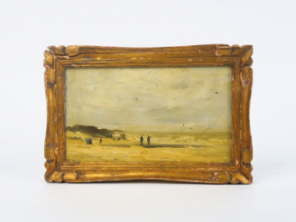 Vente aux enchères R. MOLS "Bord de mer animé" Huile sur panneau.  Signée en bas à gauche