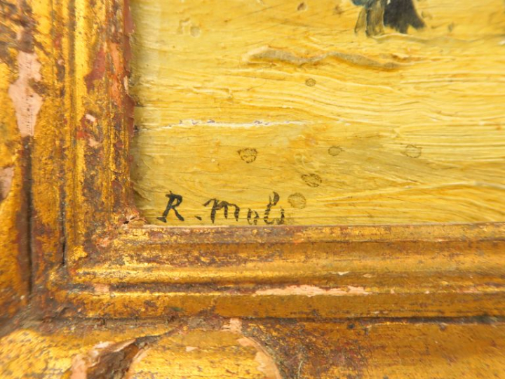 R. MOLS "Bord de mer animé" Huile sur panneau.  Signée en bas à gauche