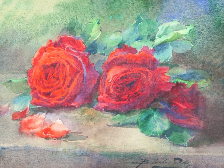 Blanche ODIN  "Roses rouges" Aquarelle.  Signée en bas à droite.  Diam