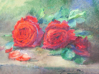 Vente aux enchères Blanche ODIN  "Roses rouges" Aquarelle.  Signée en bas à droite.  Diam