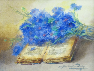 Vente aux enchères Blanche ODIN "Nature morte aux bleuets et au livre" Aquarelle.  Signée