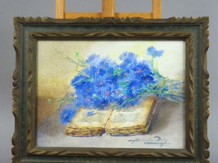 Blanche ODIN "Nature morte aux bleuets et au livre" Aquarelle.  Signée