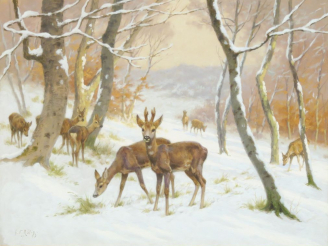 Vente aux enchères G.F RÖTIG.  "Biches et chevreuils sous la neige" Gouache. Signée en ba