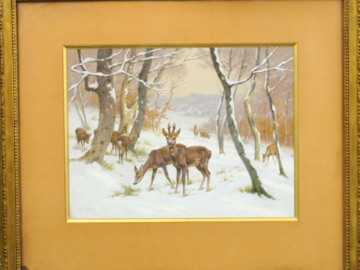 G.F RÖTIG.  "Biches et chevreuils sous la neige" Gouache. Signée en ba