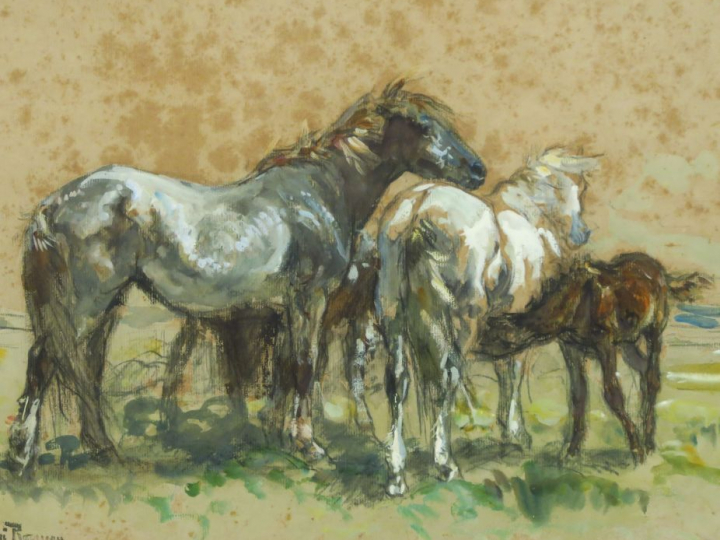 Henri ROUSSEAU  "Chevaux" Dessin aquarellé.  Signé du tampon de l'atel