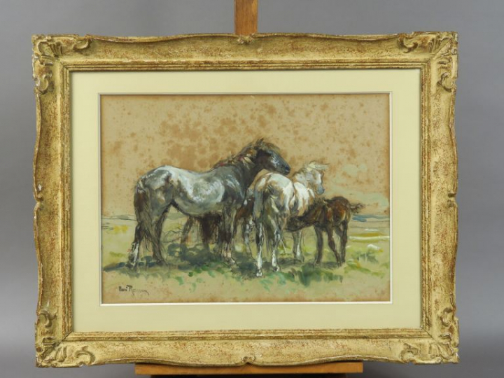 Henri ROUSSEAU  "Chevaux" Dessin aquarellé.  Signé du tampon de l'atel