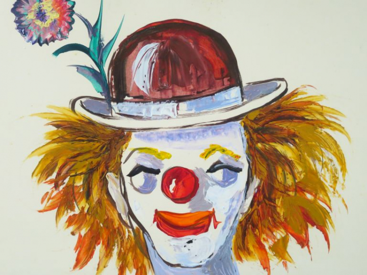 Adolfo TUR  "Clown au chapeau melon" Gouache.  Signée en bas à gauche 