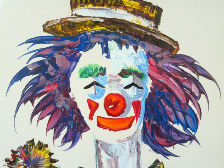 Adolfo TUR "Clown au chapeau de paille" Gouache.  Signée en bas à droi