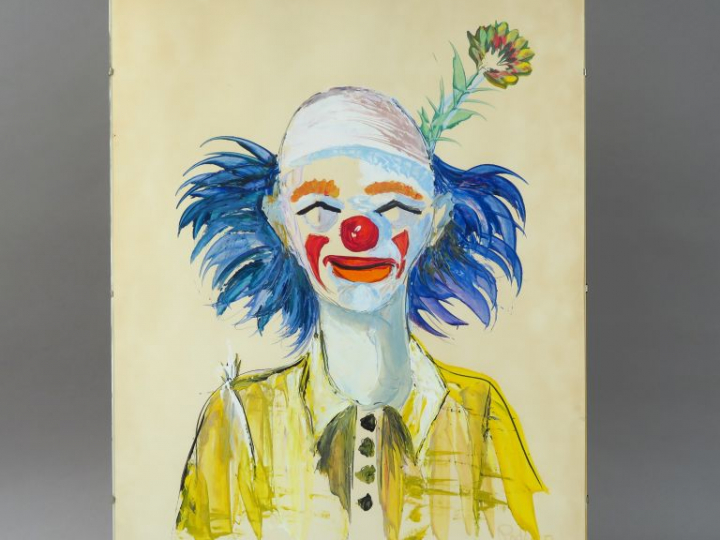 Adolfo TUR  "Clown aux cheveux bleus" Gouache.  Signée en bas à droite