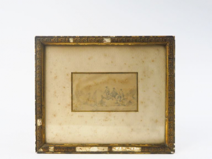 J. VEYRASSAT "Scène de chasse" Dessin au crayon. Monogrammé en bas à g
