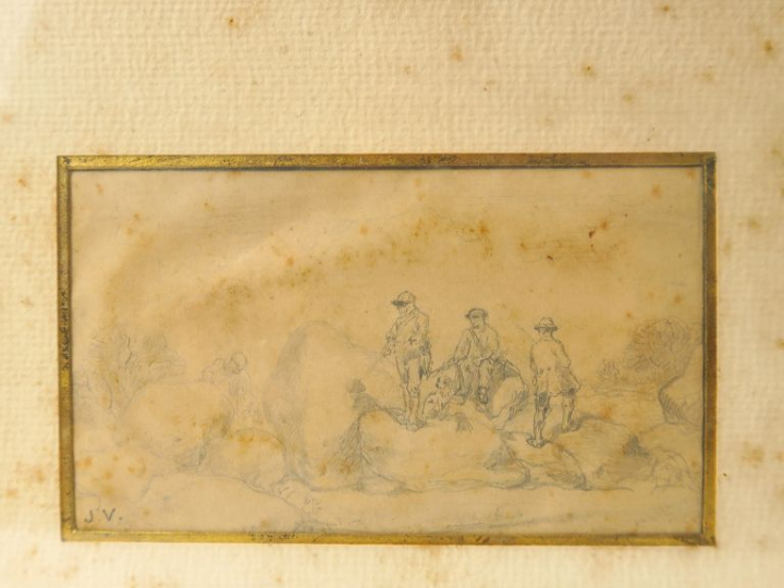 J. VEYRASSAT "Scène de chasse" Dessin au crayon. Monogrammé en bas à g