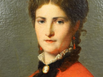 Vente aux enchères VIGNON (de) "Portrait de jeune femme à la robe de soie rouge" Huile su