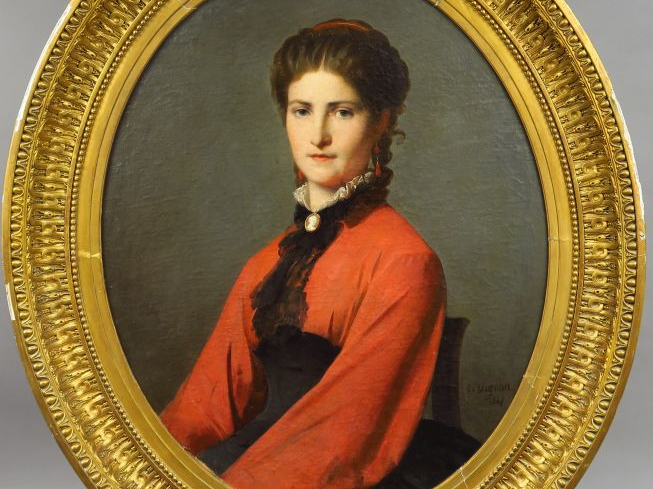VIGNON (de) "Portrait de jeune femme à la robe de soie rouge" Huile su