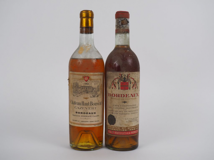 2 BOUTEILLES : 1 CHÂTEAU HAUT BOUSCAT CAZEVERT 1952 MEP - 1 BORDEAUX A