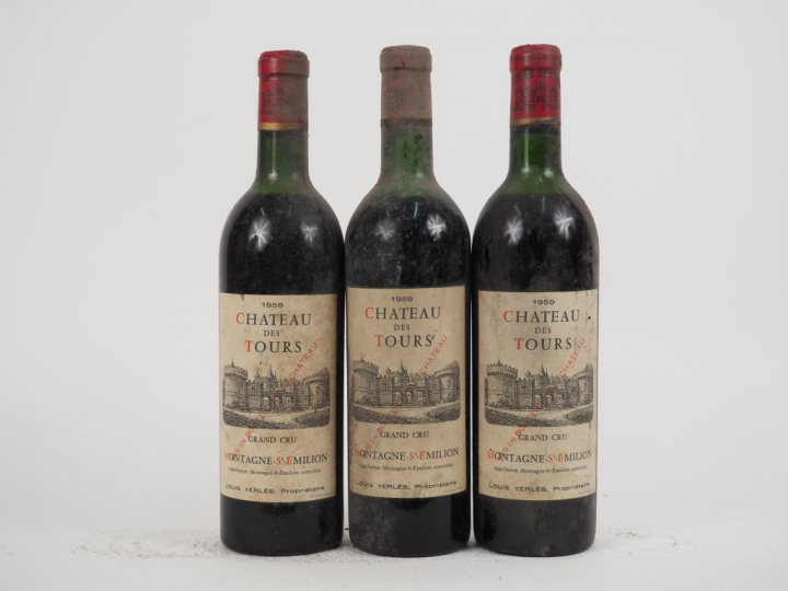 3 BOUTEILLES CHÂTEAU DES TOURS MONTAGNE ST EMILION - 1959 - 1 HEP/2 HE