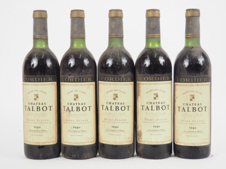 5 BOUTEILLES CHÂTEAU TALBOT GCC ST JULIEN - 1980 - 2 BG/3 LB