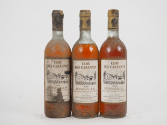 Vente aux enchères 3 BOUTEILLES CLOS DES CABANES MONBAZILLAC - 1975 - 2 BG/1 MEP/BS