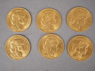 Vente aux enchères Lot comprenant six pièces de 20 Francs or, 1914.