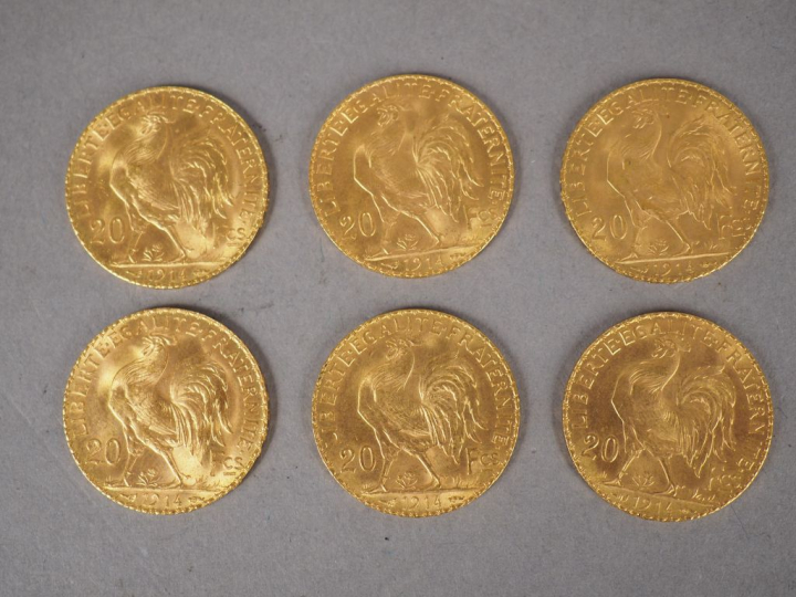 Lot comprenant six pièces de 20 Francs or, 1914.
