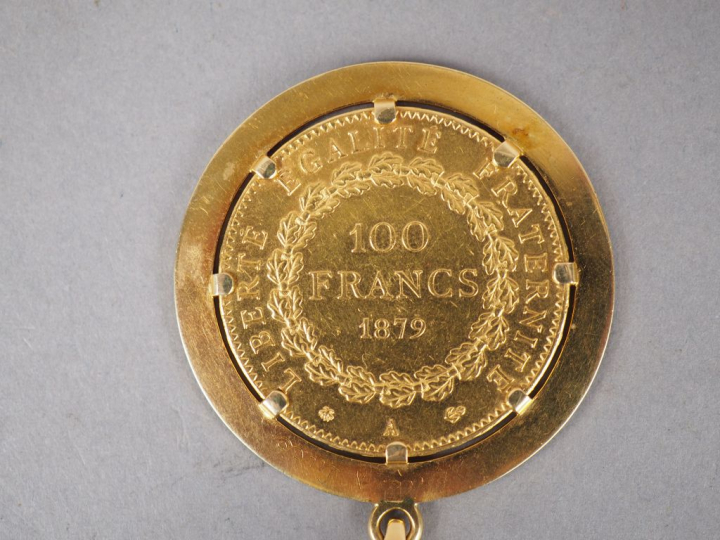 Pendentif en or jaune, orné d'une pièce de 100 Francs or, 1879-A. Poid