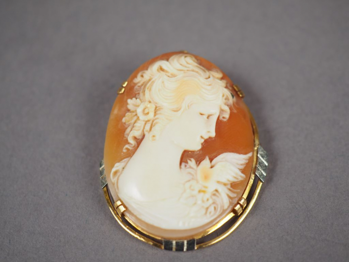 Broche/pendentif orné d'une camée figurant une jeune femme de profil. 