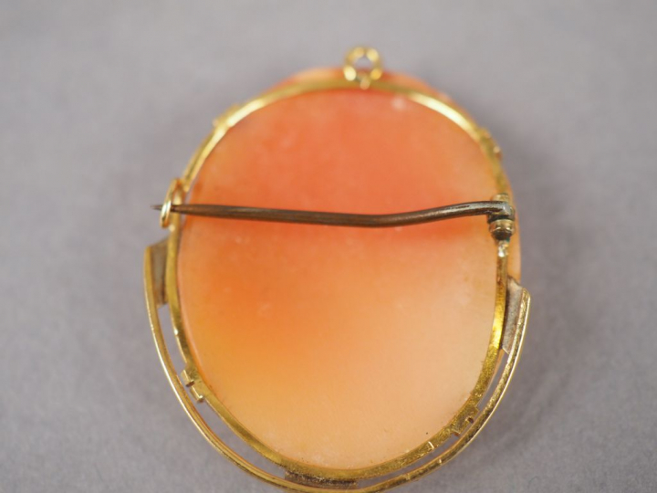 Broche/pendentif orné d'une camée figurant une jeune femme de profil. 