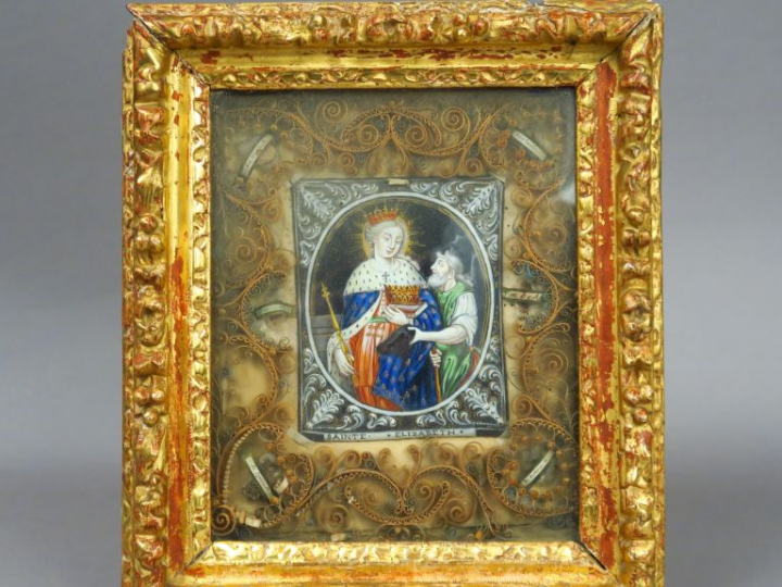 Reliquaire XVIIIe à décor de paperolles et d'une plaque émaillée figur